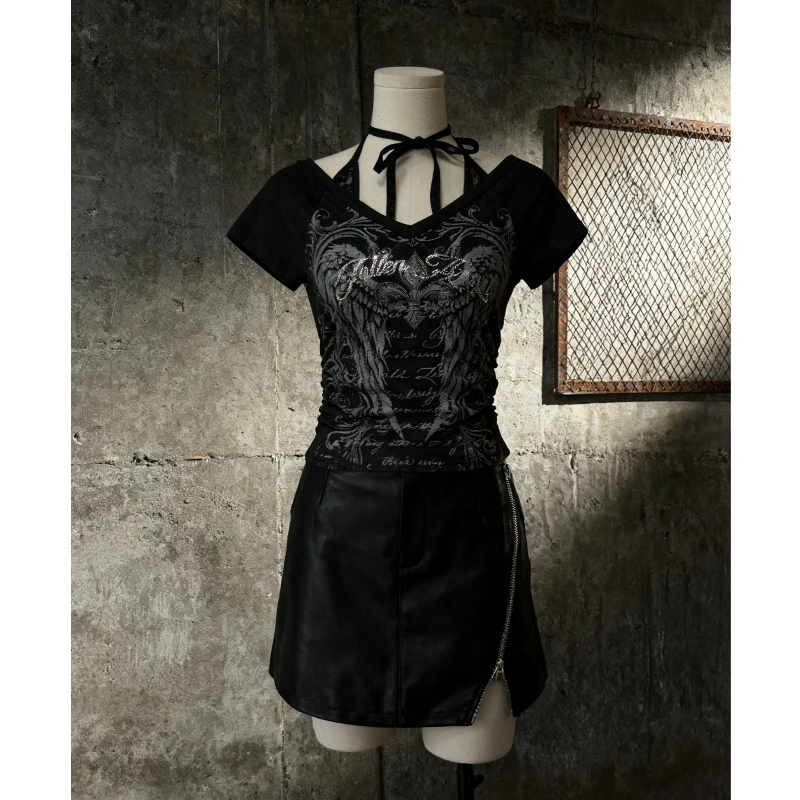 

Новая летняя модная женская футболка с двумя вырезами в готическом стиле с принтом и бриллиантами, инкрустированная бриллиантами, с короткими рукавами