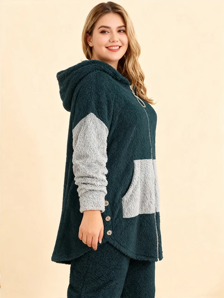 Conjunto de suéter cálido y contrastante de talla grande a la venta, cárdigan con capucha y cremallera, pantalones largos con cordón y puños elásticos