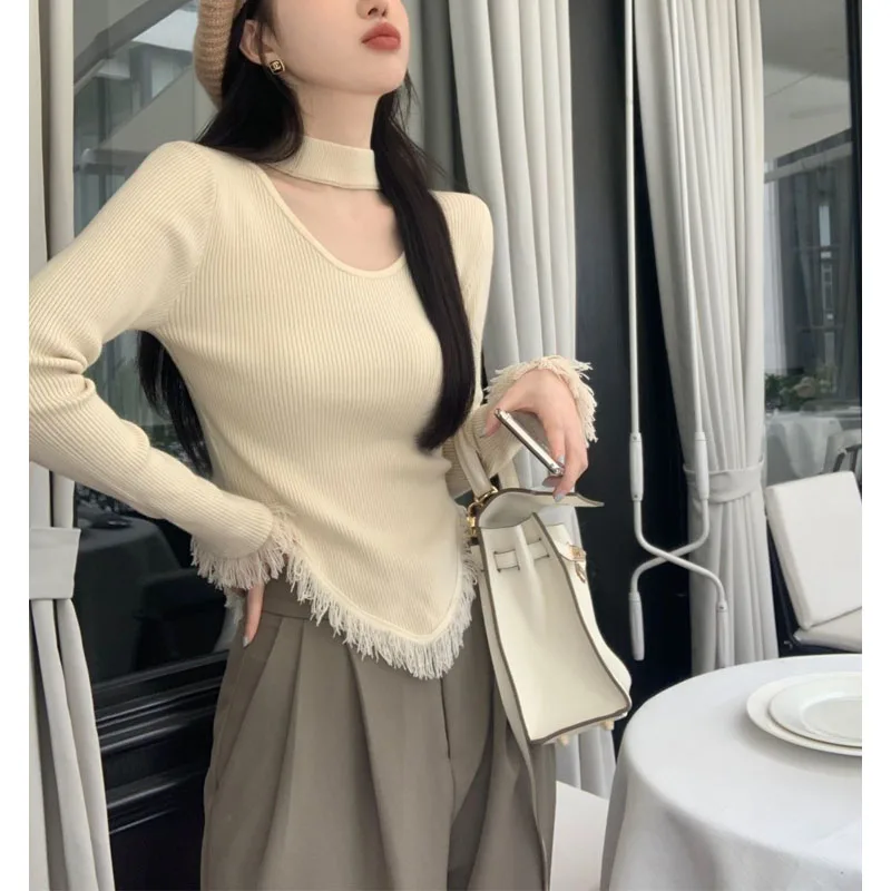 Women\'s Round Neck Hanging Neck Asymmetrical Pullovers Knitted Sweaters Autumn Winter New Fashion Elegant Slim Long Sleeve Tops