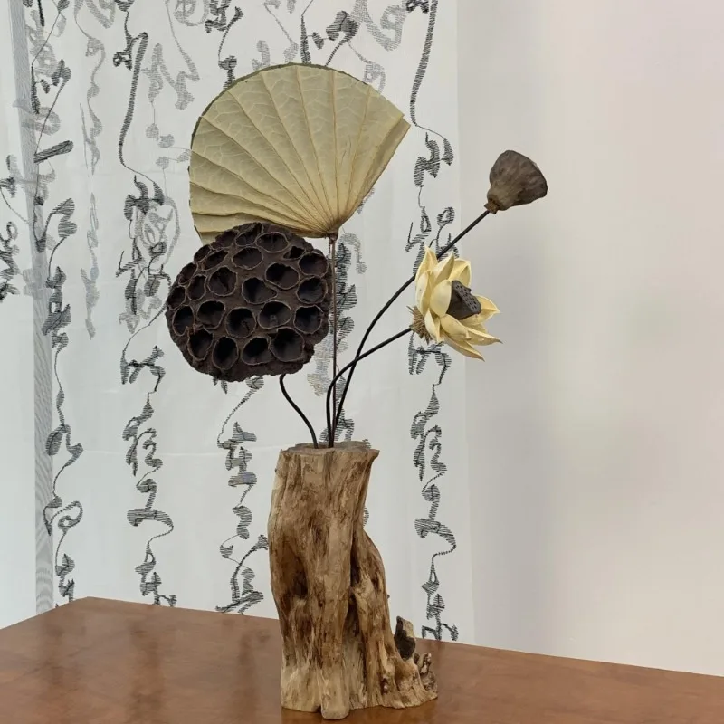 Chinese Retro Zen Style Solid Wood Vase Ornament, Dried Flower Arrangement Decor for Living Room, Tea Room & Tea Table