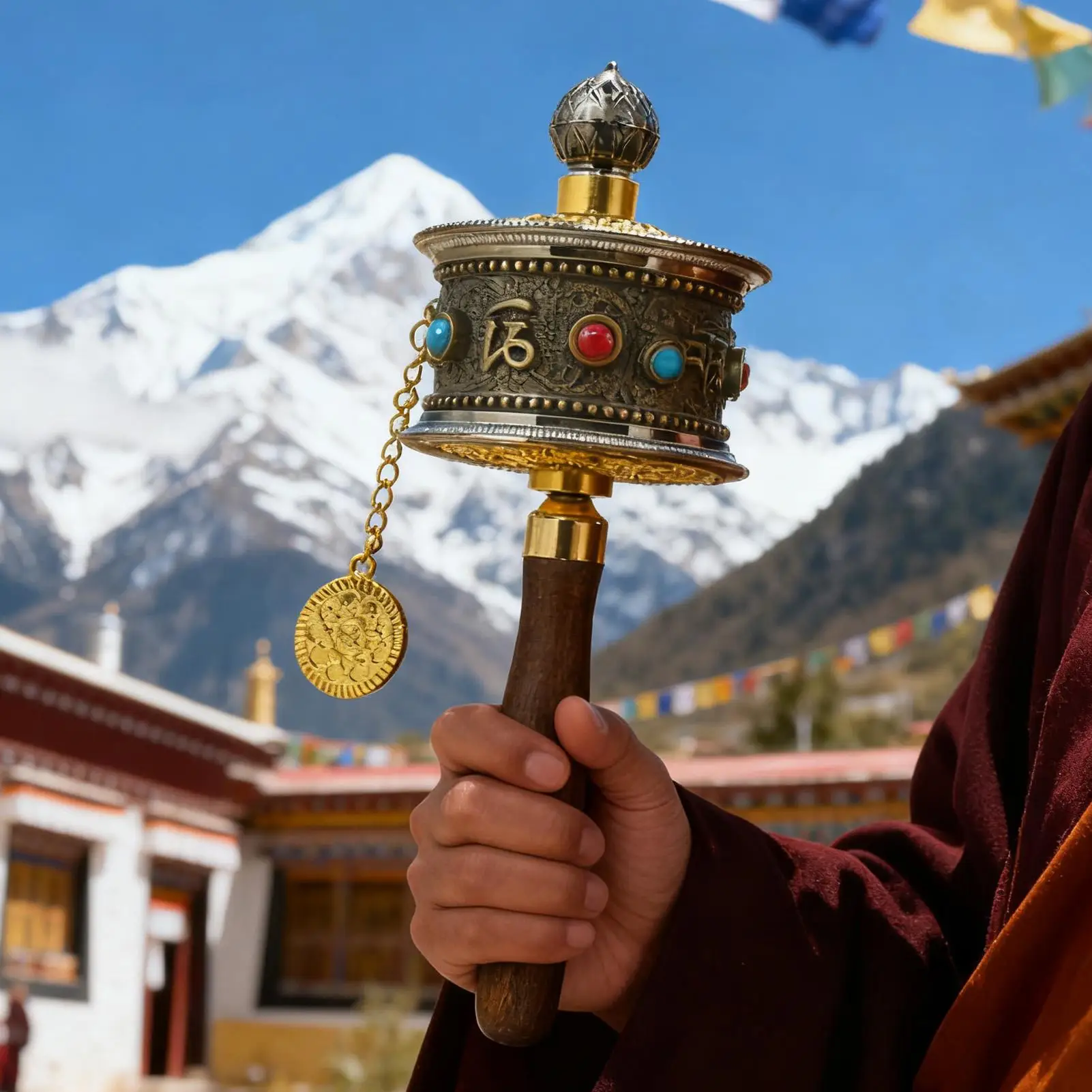Tibetan Special Crafts Prayer Wheel Alloy Metal Hand Cranking Carving Crystal Decor Prayer Wheel Crafts Exquisite Buddhist Gift