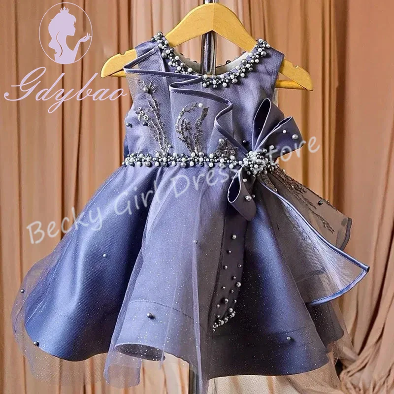 Элегантные платья с цветочным узором для девочек по индивидуальному заказу на свадьбу, блестящий тюль с жемчугом, плиссированный дизайн, платье для фотосессии для маленьких девочек