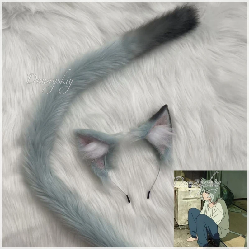 Yani Neko Yani Satō Gray Cat Ears & Tail Cosplay Wig Prop Furry Cat Ear Headband Dark Grey Tip Gradient Gray Cat Tail Halloween view 5