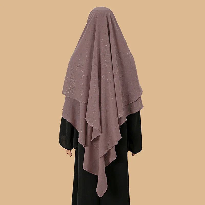 2025 Shimmer Eid Djellaba Vrouwen Moslim Gebed Kledingstuk Hijab Composiet Zijde Chiffon Chador Effen Overhead 2 Lagen Dame Khimar