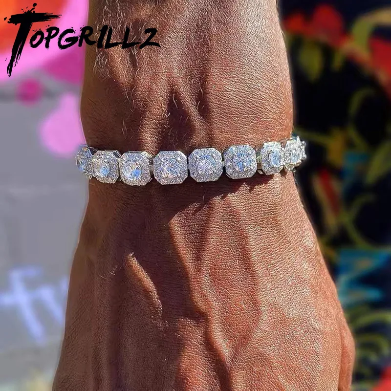 

TOPGRILLZ 10mm Iced Out Full 5A Cubic Zirconia Square Charm Bracelet Bling CZ Tennis Chain With Box Clasp For Men Women Jewelry