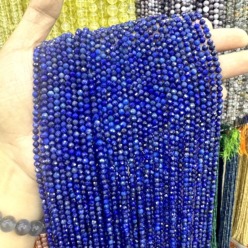 Natural Faceted Lapis Lazuli 2/3/4MM Small Tiny Round Loose Strand Stone Beads For Jewelry Making Bracelets Necklace Accessories
