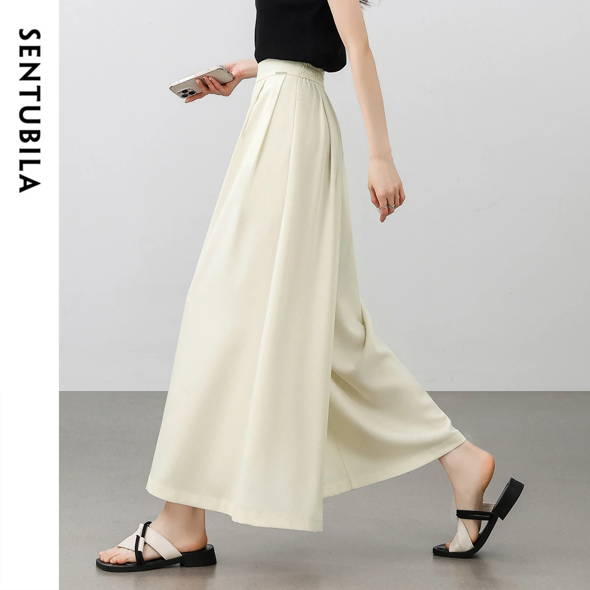 SENTUBILA A-line Pants Skirts Women 2025 New Casual Wide Ankle-length Elastice High-waist Folds Ladies Trousers 152K59347