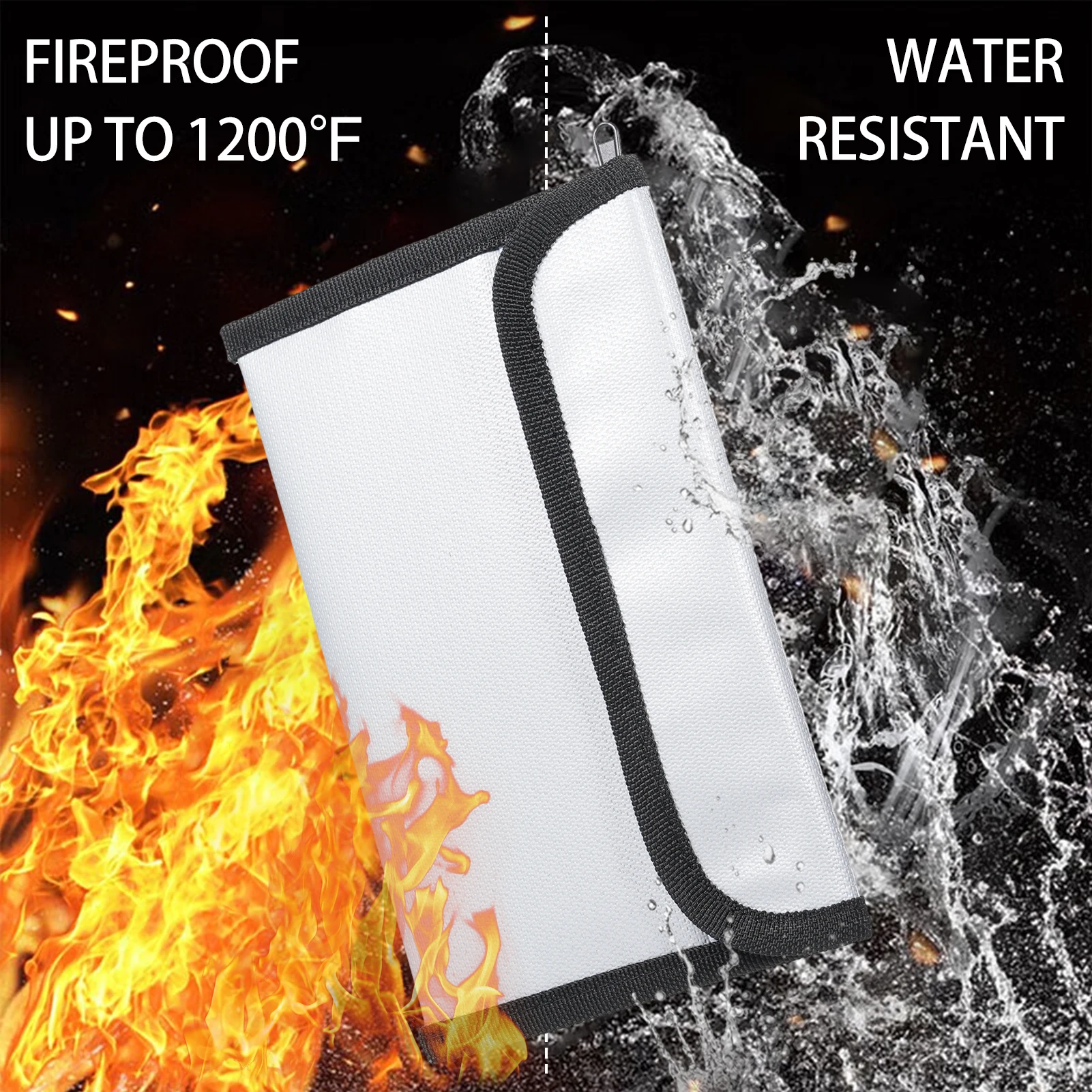 Bisofice Fireproof Document Bag Zipper Closure Cash Safe Storage Waterproof Pouch with Sticky Strip for Certificates Money Cards