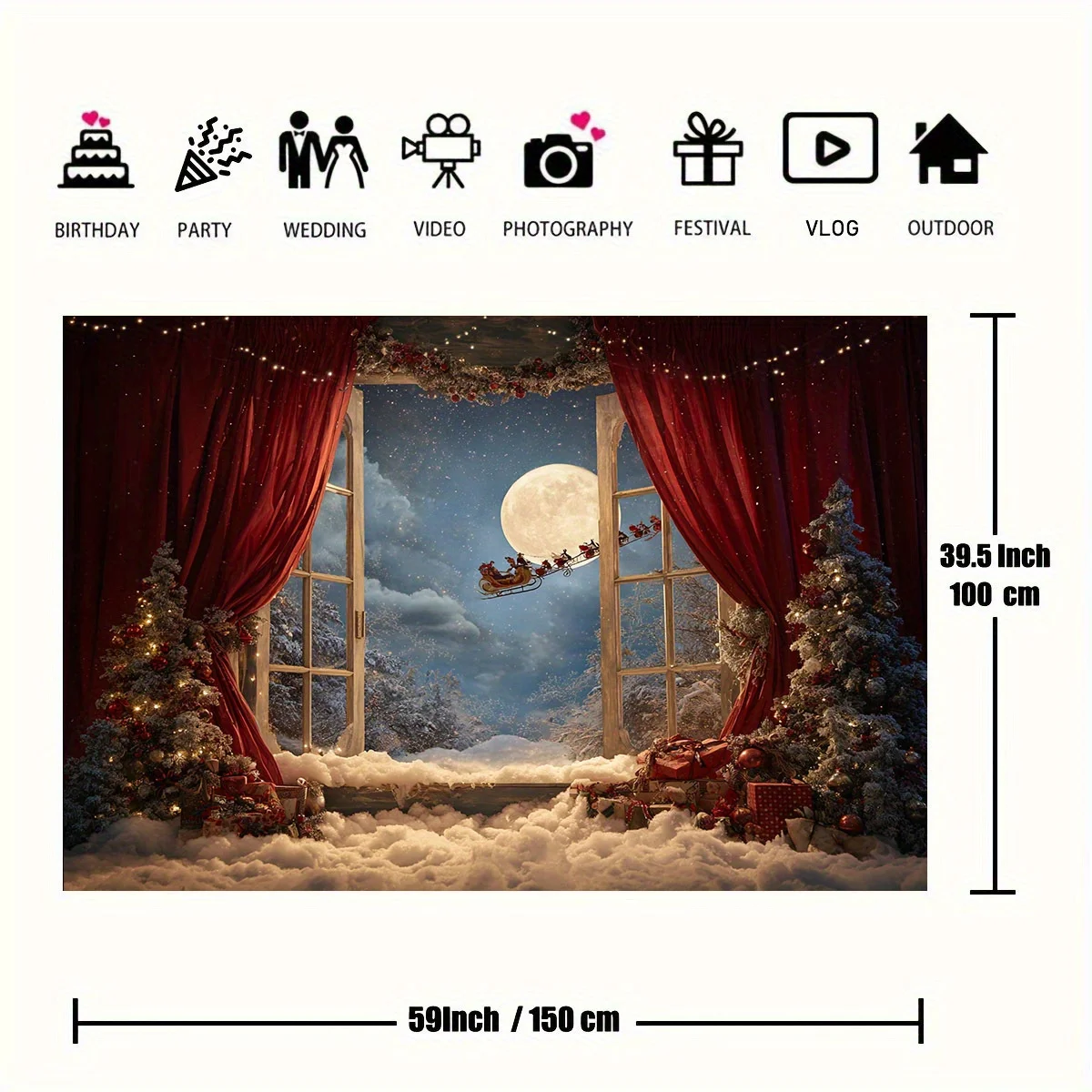 Płaszczyzna 2D, 1 duże okno, śnieżna zimowa scena świąteczna z saniami Świętego Mikołaja, księżycem i migoczącymi światłami - drzwi