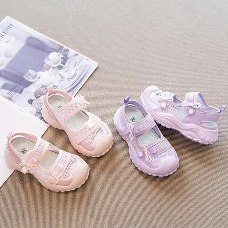 2026 Summer New Children's Shoes Fashion Versatile Sandals Solid Color Sports Mesh Pearl Bow Girls' Anti Slip Soft Bottom