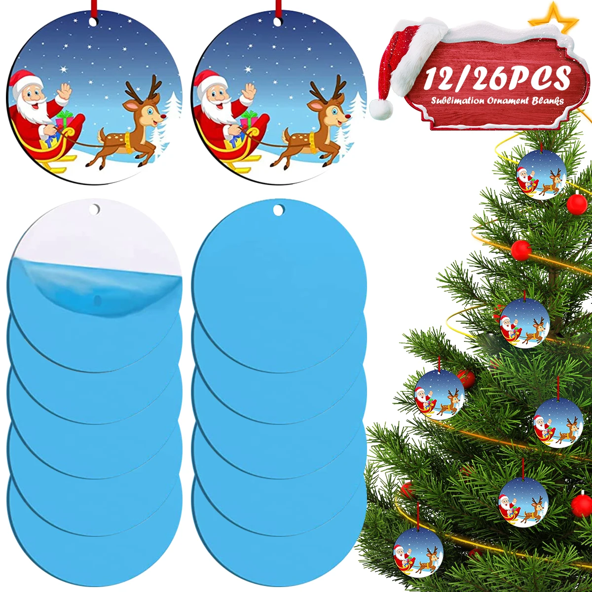 12/26Pcs Bulk Double Side Blank Sublimation Round Sublimation Ornament Blanks Christmas Ornaments For Custom Home Decoration