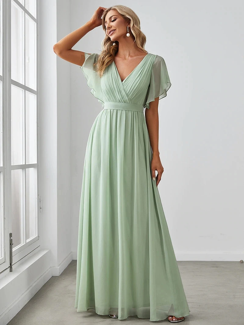 Elegante Abendkleider lang eine Linie Kurzarm V-Ausschnitt Chiffon bodenlangen Kleid 2024 immer hübsch von einfachen Abschluss ball Frauen Kleid