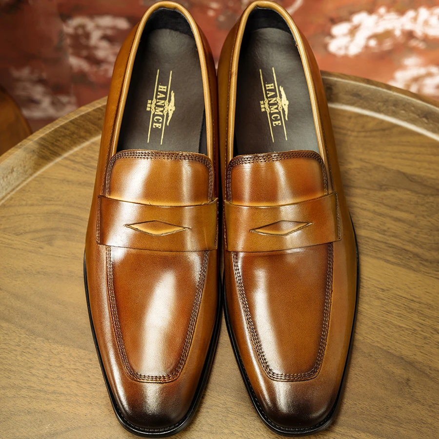 Hanmce Genuine Leather Shoes New British High Top Formal Wedding Slip On Loafers Men