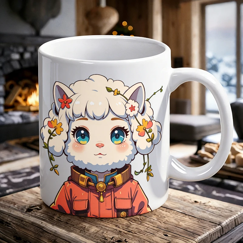 Cup & Mug Set, Cute Floral Sheep Character Ceramic Mug, Coffee Cup, Milk Cup, Office Tea Cup, Drinking Cup, Gift for Friends
