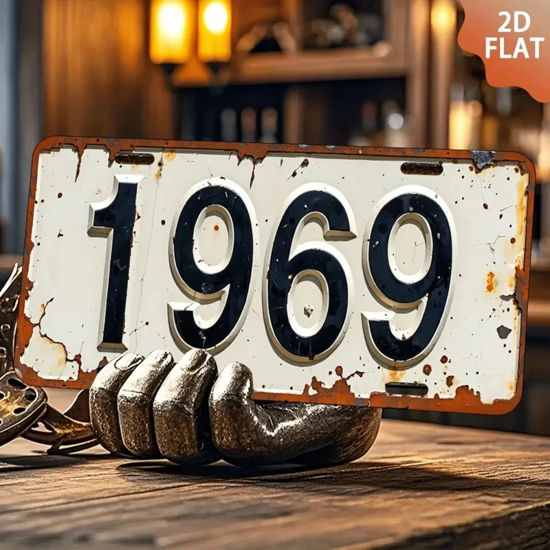 لافتة حائط معدنية 2D، قطعة واحدة عتيقة 1969 - فن ألومنيوم قديم مقاس 6 × 12 بوصة مع لمسة نهائية معدنية، ديكور بار منزلي ريفي #4