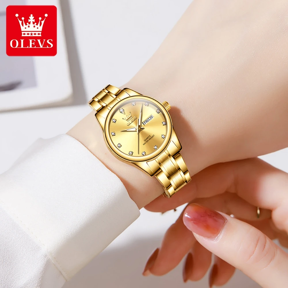 OLEVS 3612 Original Elegant Quartz Ladies Watch Week Calendar Display Dress Watch For Women Waterproof Stainless Steel Clock