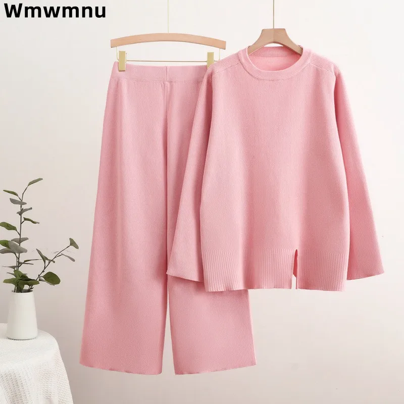 Fall Winter Casual Women Knitted 2 Piece Sets Korea Elegant O-neck Sweater Tops Conjunto Basic High Waist Wide Leg Pants Outfit