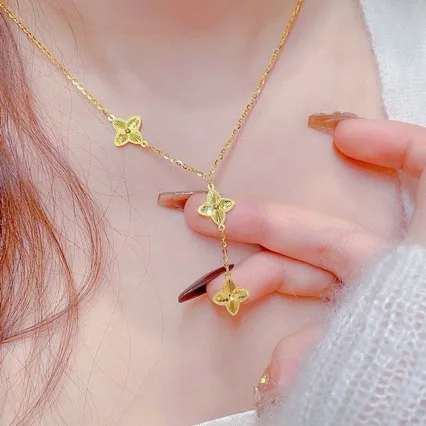 

New 24K gold laser four-leaf necklace for women 2024 hot-selling tassel clavicle necklace for girlfriend AU999 gold jewelry