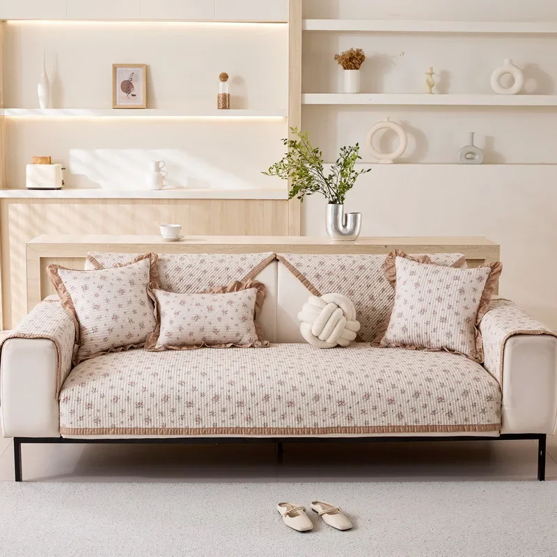 French Checkered Quilted Cotton Couch Cover Lotus Leaf Border Breathable Cotton Sofa Cushion Multi Size Combination Sofa Mat