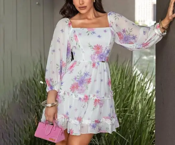 

Autumn 2025 Square Neck Backless Floral Print Short Skirt for Women Fashionable and Elegant Slim Fit Lantern Sleeve A-Line Dress
