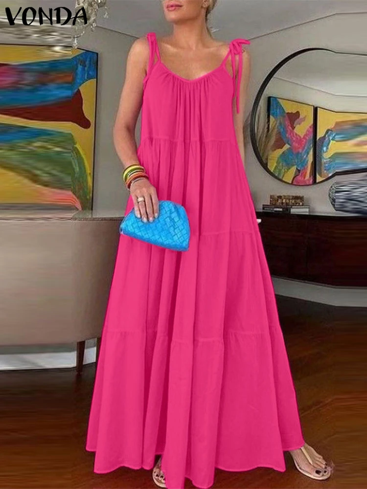 

VONDA Women Bohemian Maxi Dress Summer Sleeveless Strap Sundress 2025 Ruffled Party Vestidos Solid Color Casual Loose Robe Baggy