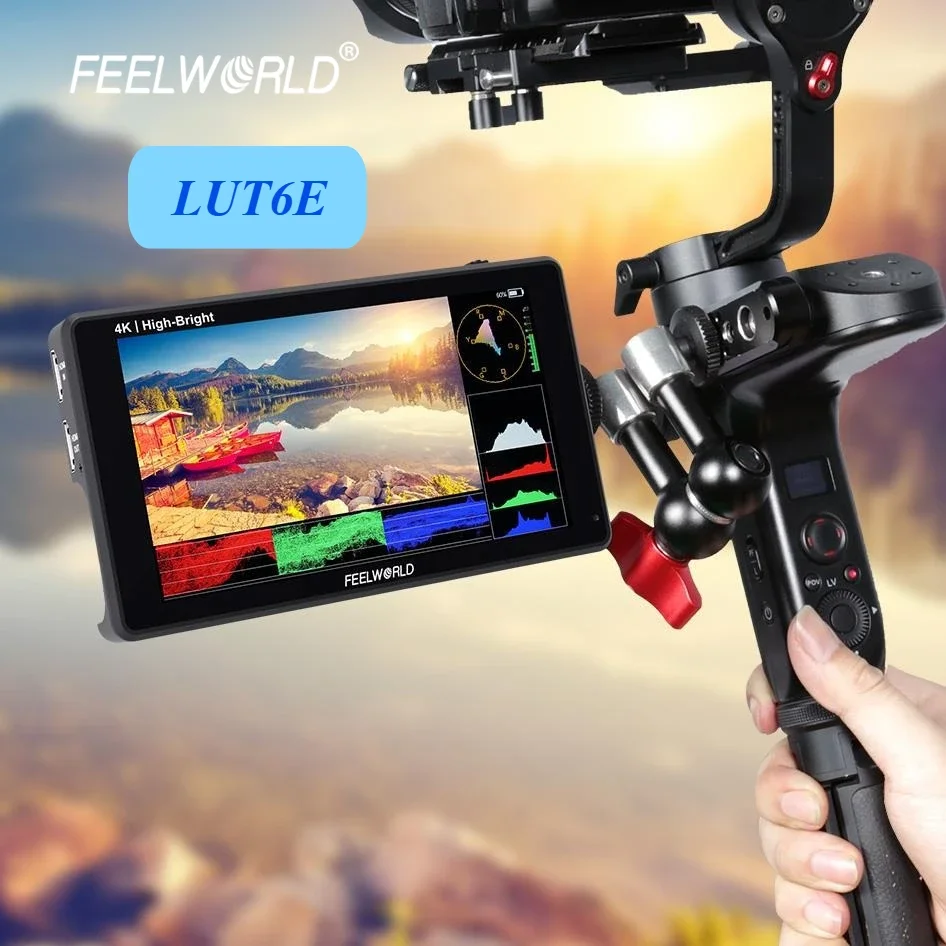 شاشة Feelworld LUT6E مقاس 6 بوصات 1600nit IPS 4K HDMI I/O 1920x1080 شاشة لمس ثلاثية الأبعاد تيار مستمر خارج 8.4 فولت لـ DSLR