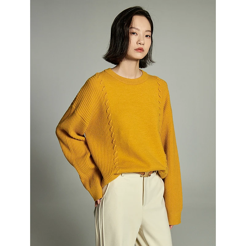 Toyouth Women Sweater 2023 Winter Long Sleeve Round Neck Loose Knitwear Ribbon Decoration Fashion Warm Yellow Apricot Tops