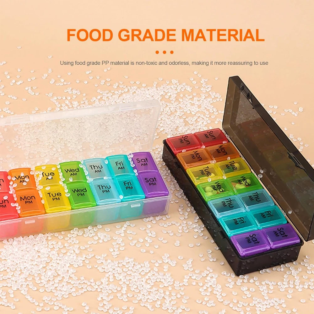 Portable 7 Days Pill Storage Box, Twice Daily 14 Compartments Colorful Lattice Case For Nutrient Capsules & Fish Oil