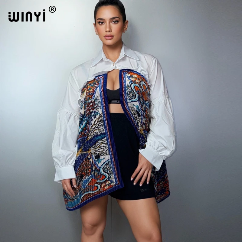 

Женский модный кардиган WINYI с длинными рукавами, короткий, с принтом, с подолом-баллон, в стиле бохо, платье-накидка, кафтан, роскошная пляжная одежда, абайя, Дубай