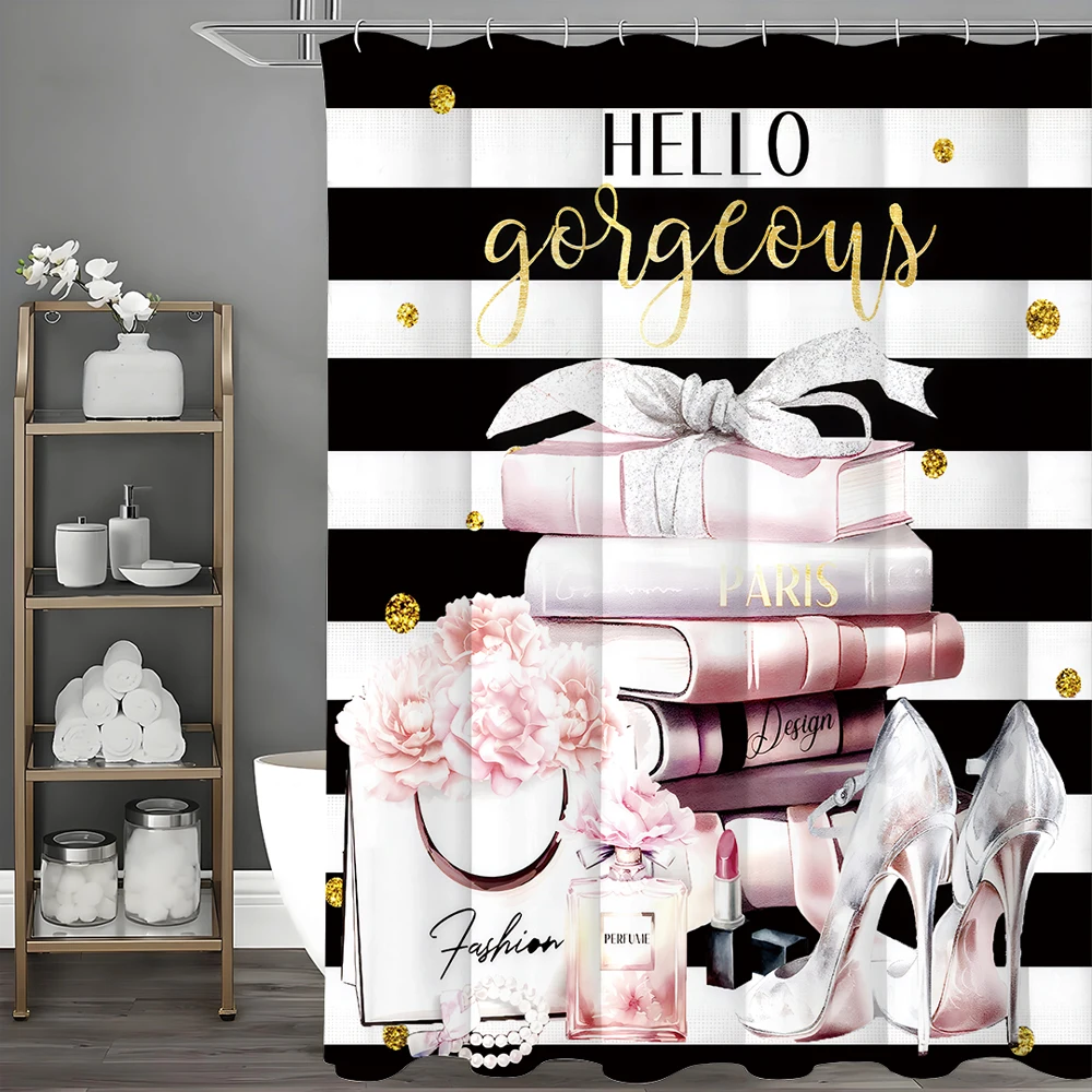 

Black and White Striped Books Carnation Heels Perfume Lipstick Shower Curtain, Bathroom Decorative Shower Curtain, Waterproof Sh