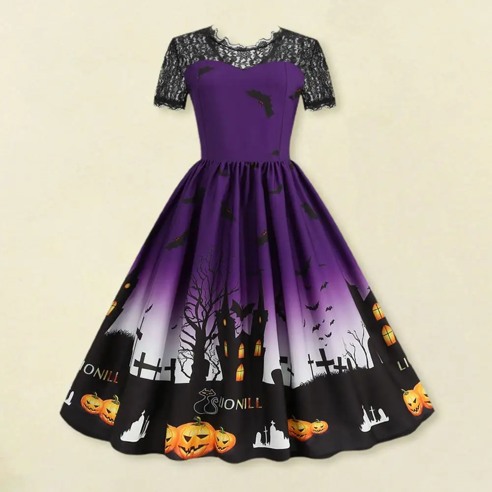 Cosplay Evening Dress Classic Halloween Pumpkin Dress Elegant Lace Halloween Party Dress with Bat Print Retro A-line for Cosplay