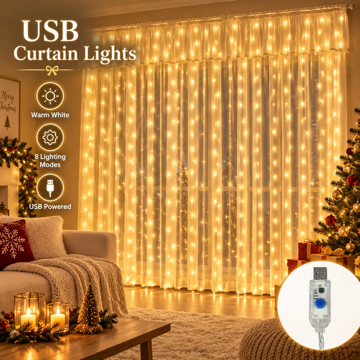Christmas Curtain Lights USB Powered 100/200/300LEDS 8 Modes LED Fairy Backdrop for Window Bedroom Party Wedding Holiday Decor