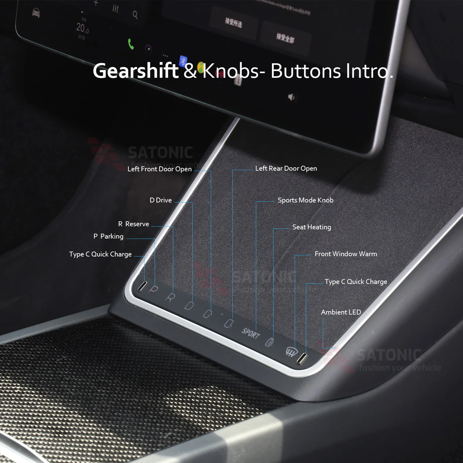 SATONIC 2026 Model Y Juniper Wireless Charger Ambient LED With Dual Type-C Quick Charge Gear Shift For Tesla Model 3 Highland