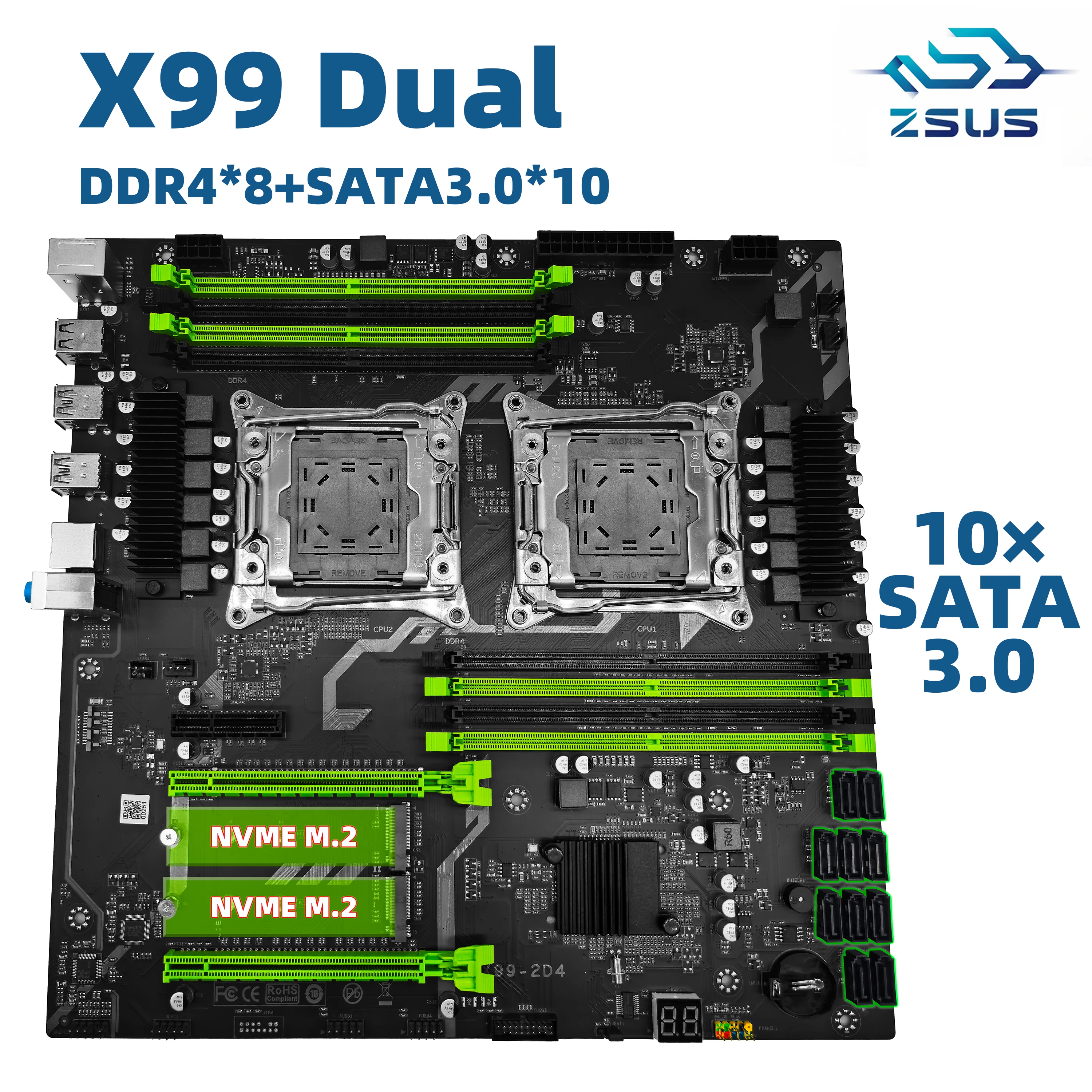 ZSUS X99 Dual Motherboard C612 Chip CPU M.2 LGA 2011 V3 E-ATX USB3.0 SATA3 8 DIMM DDR4 Support Xeon processor slot 2011-3