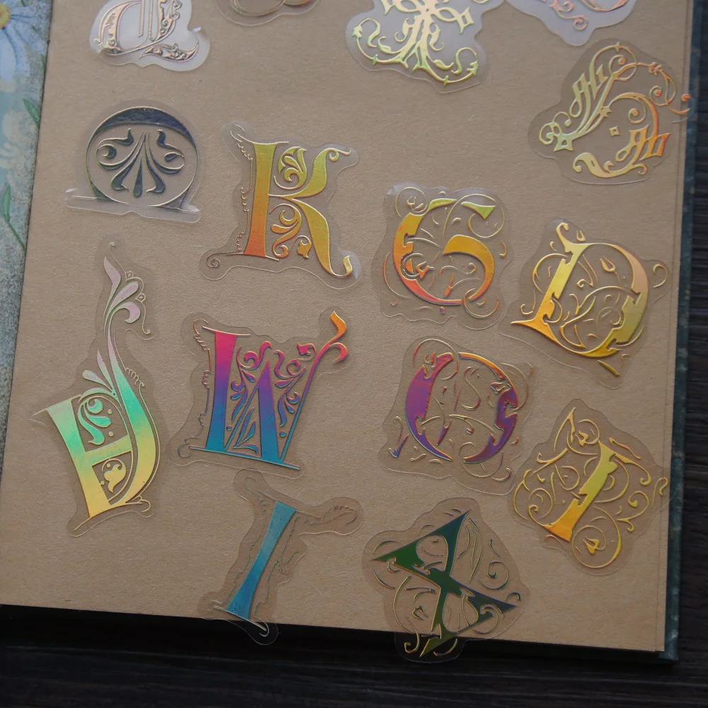 52pcs Gold Fancy English Letter Writing Style PVC Sticker Scrapbooking DIY Gift Tag Decoration