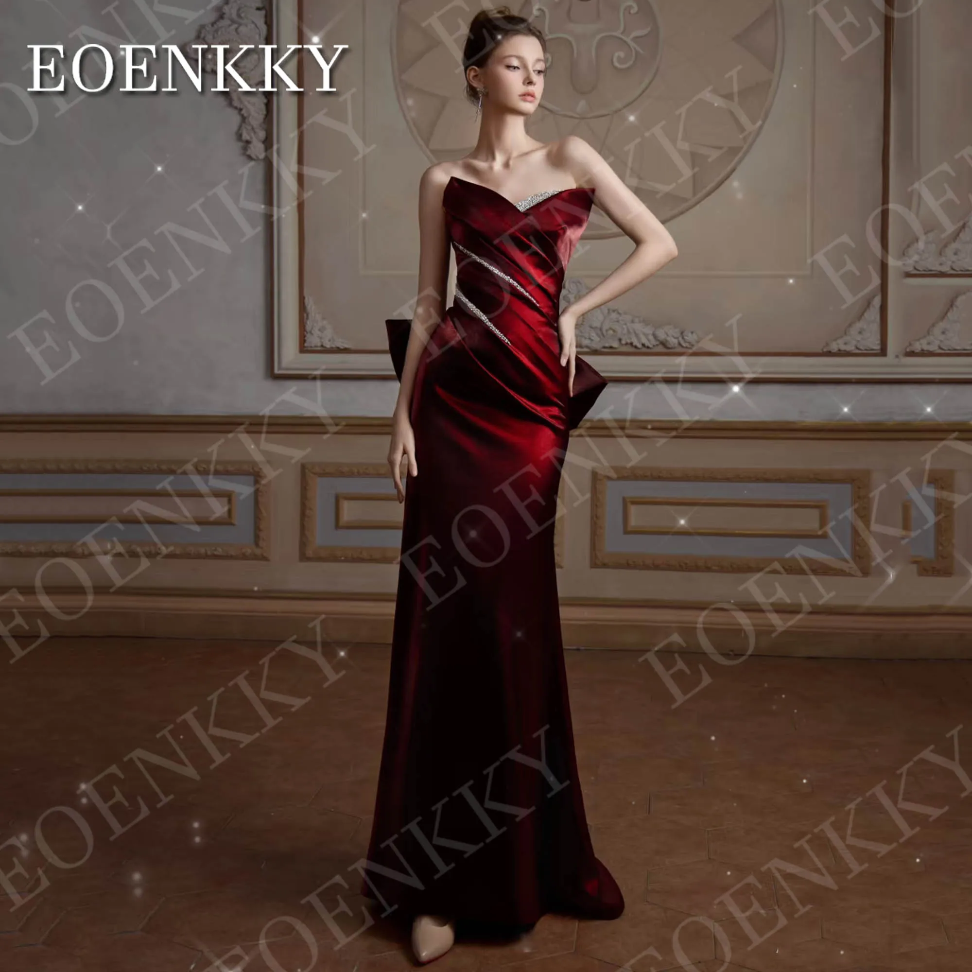 EOENKKY Borgogna Abito da sera elegante per donna Senza spalline Scollo a V Sirena in raso Abiti da festa formali Abiti personalizzati Borgogna elegante abito da sera per donna senza spalline V collo raso sirena formal
