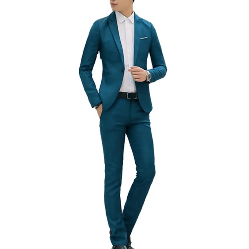 Conjunto de terno de negócios slim fit monocromático masculino, manga comprida, botão único, cintura média, lapela, primavera, outono