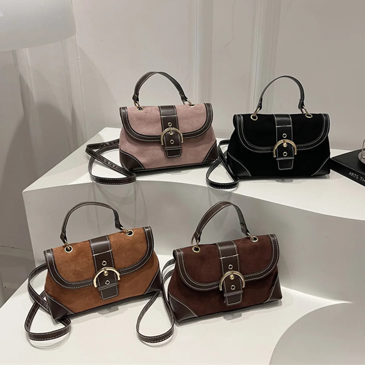 

Elegant Shoulder Bag Metal Buckle Suede Leather Mix Maillard Tones Flap Magnetic Snap Multifunction Crossbody Bag for Commute