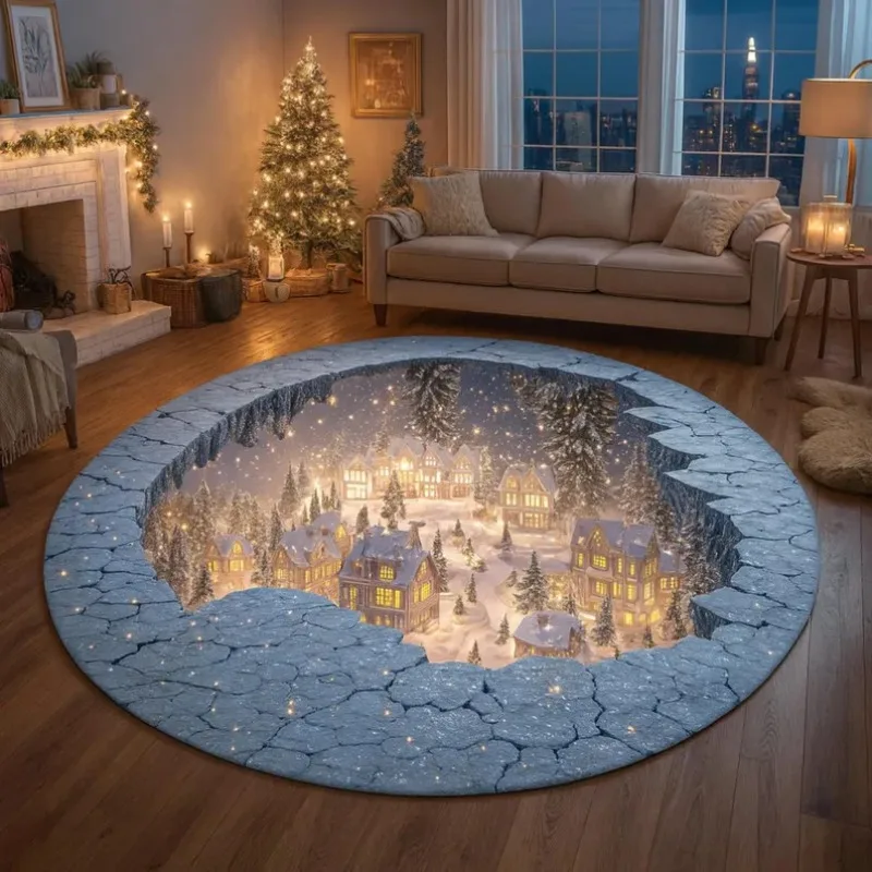3D-Weihnachtsdorf-Teppich, Winter-Schnee-Stadt-Teppich, gemütliche Feiertags-Fußmatten, leuchtendes Licht, Weihnachten, Heimdekoration, Geschenkidee