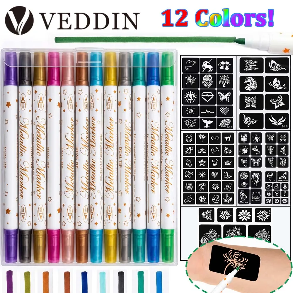 Tattoo Markers for Skin 12 Colors Temporary Tattoo Pens Marker with 5pcs Tattoo Stencil Stickers Face Paint Kit Halloween Supply