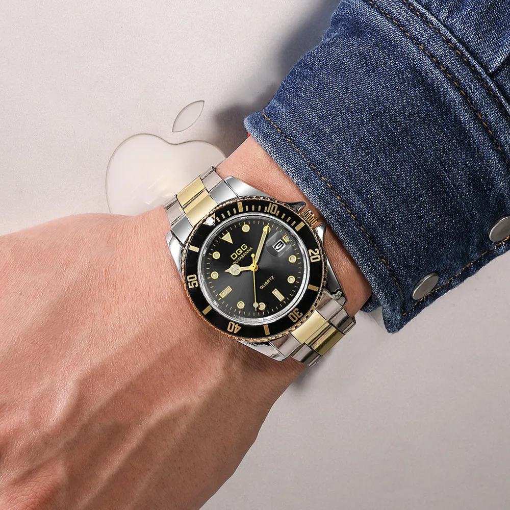 Reloj de pulsera de cuarzo para hombre, cronógrafo de acero inoxidable con esfera grande, sencillo, dorado, a la moda, para negocios