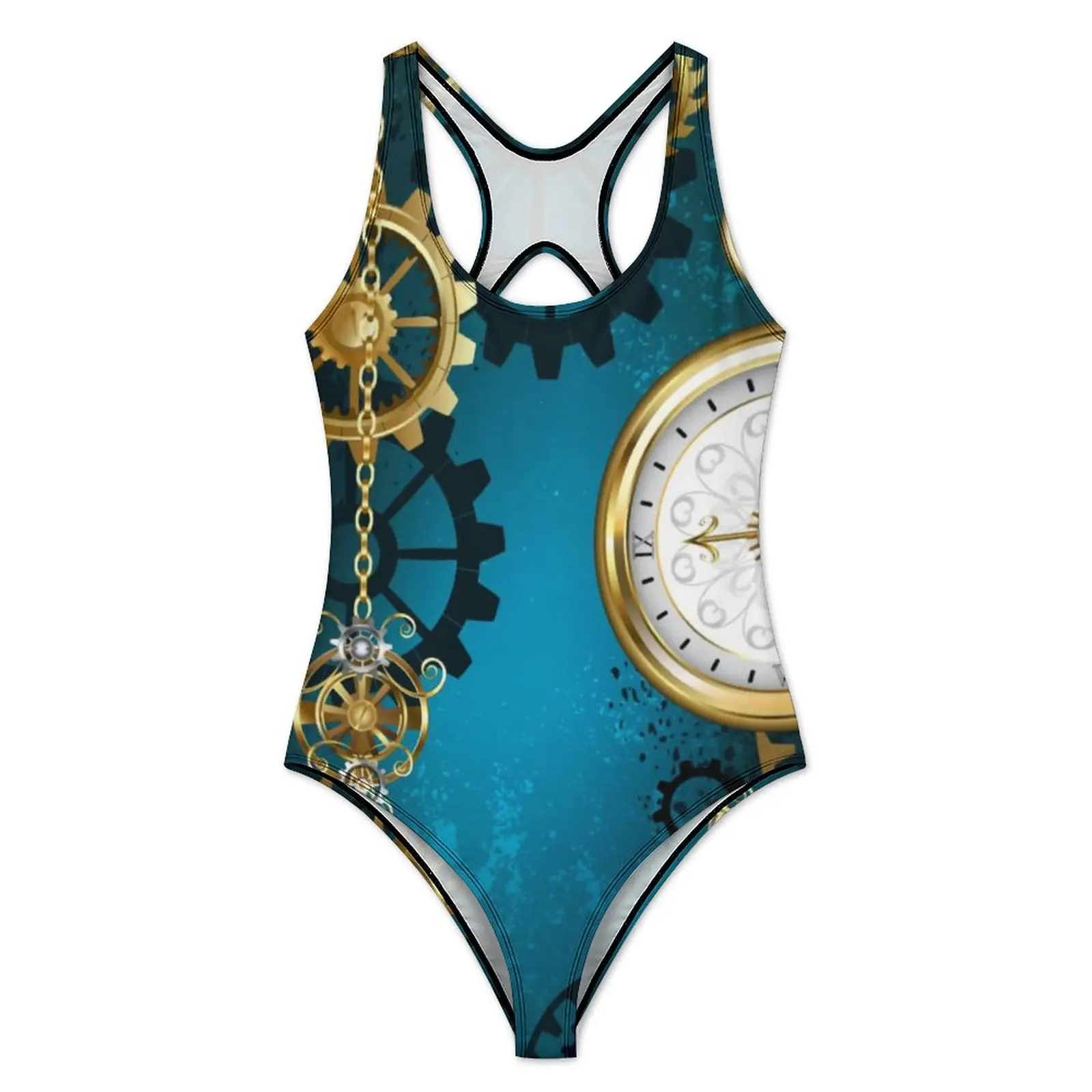 Steampun Turquoise Gears Swimsuit Vintage Steam Punk Antique Push Up Swimwear One-Piece Bathing Suits Bodysuit Design Beachwear