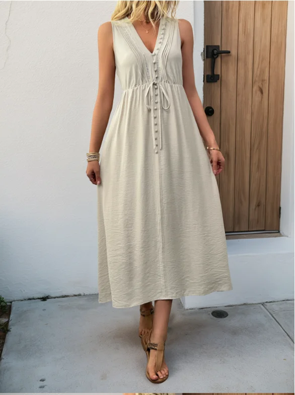 

Womens Dresses Seasonal New Solid Color V-Neck Comfortable Loose Sleeveless Vest Dress Simple Commuting Style Elegant Dress