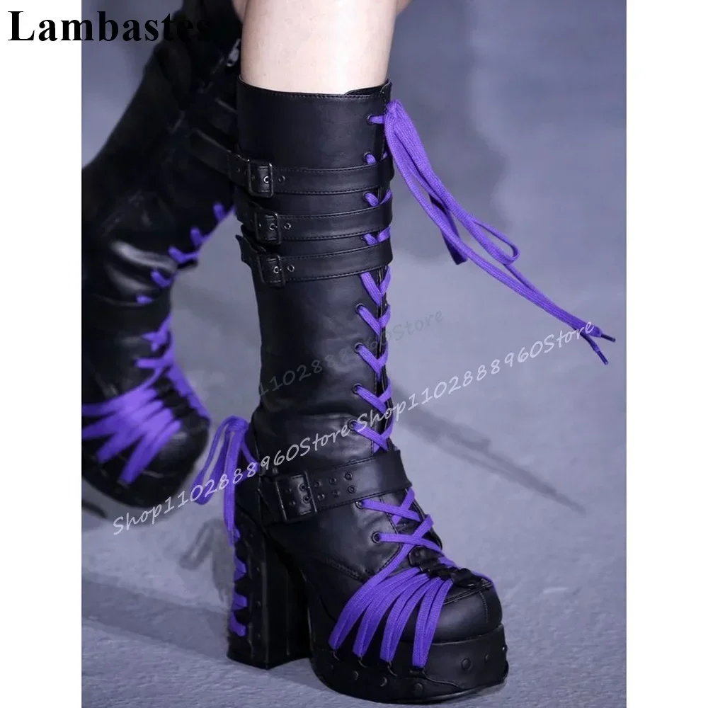 

Mid Calf Black Cross Tied Buckle Strap Platform Boots Thick Heel Shoes For Women Side Zipper Round Toe 2025 Zapatos Para Mujere