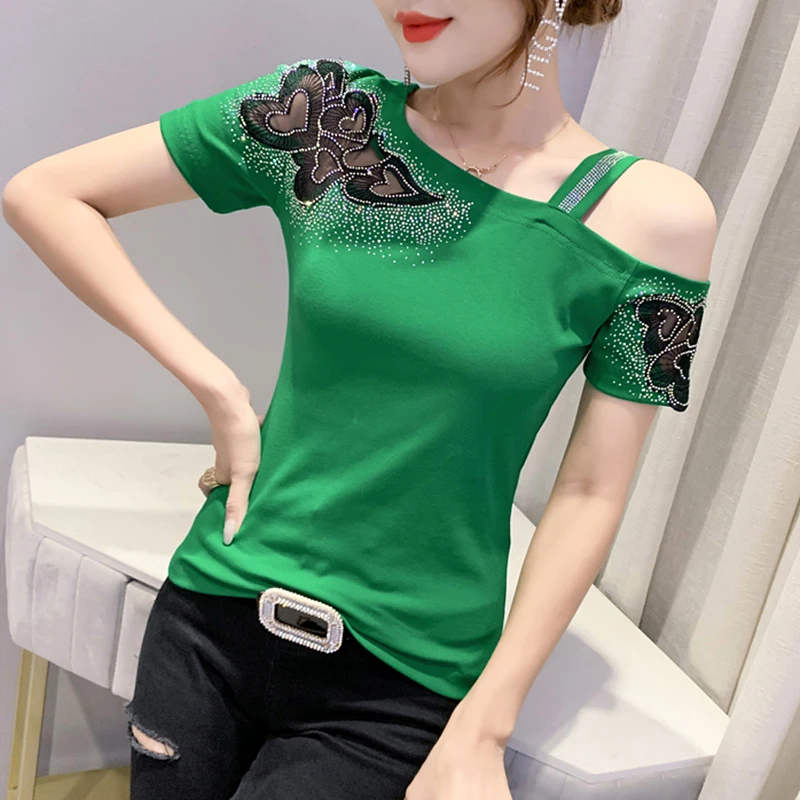 Sexy oulder Bared T irt Donna ort Sve Summer Faion Design Sense Little Cro Quali Top Trendy Hotfix Strass...