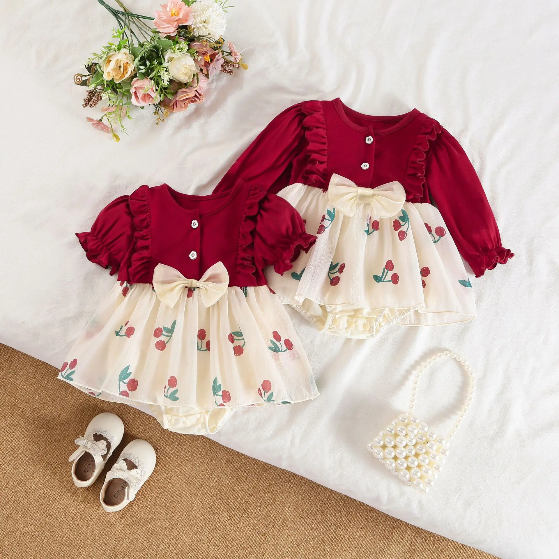Baby Girl Princess Romper Red Cherry Print Dress + Bow Hair Clip, High-Quality Birthday Photo Shoot Outfit for Infants