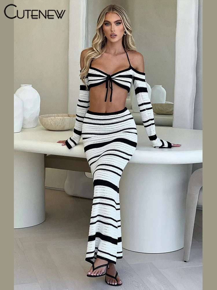 

Cutenew Stripe Women 2 Piece Set Women Classic Halter Lace Up Slash-Neck Full Sleeve Tops+Long Skirts Mujer Hipster Club Outfits