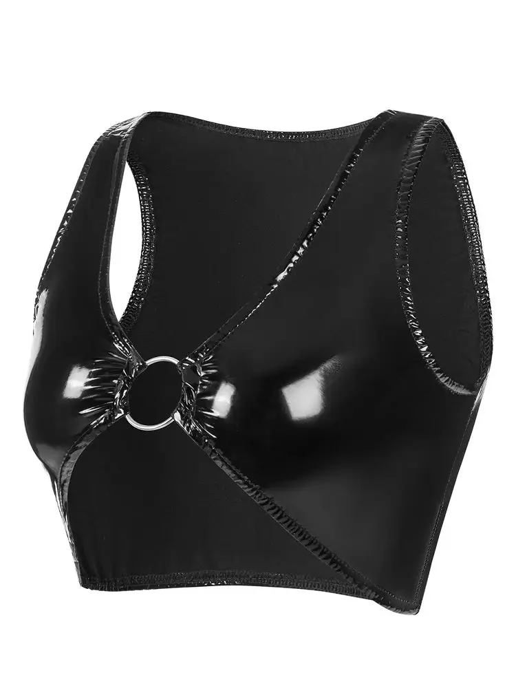 S-3XL Wet Look PVC Tank Top Deep V-neck Metal Ring Bikini Bra Shiny PU Leather Crop Tops Tigths Sexy Cosplay Clubwear Camis Vest