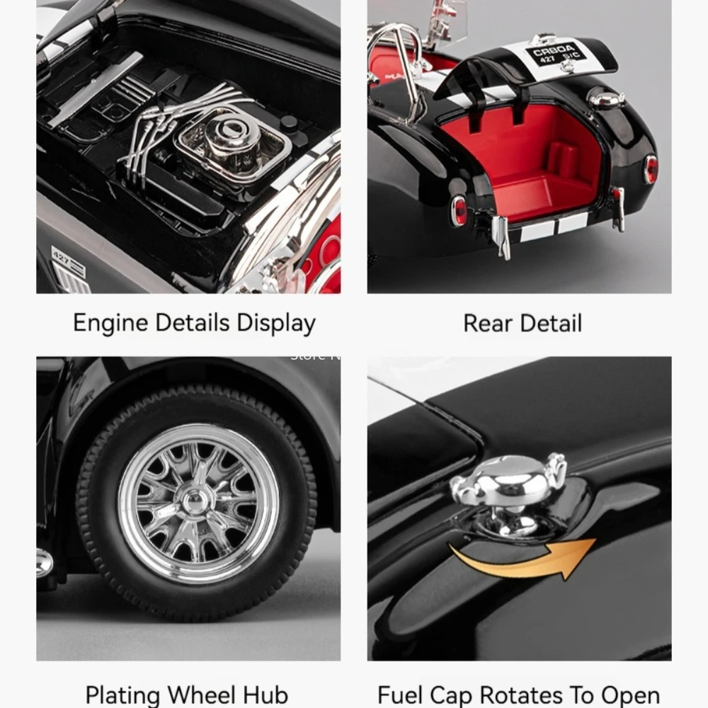 1:24 Shelby Cobra 427 Alloy Cars Models Diecast Toys with Pull Back Light Sound Miniature Vintage Car for Children Best Gifts