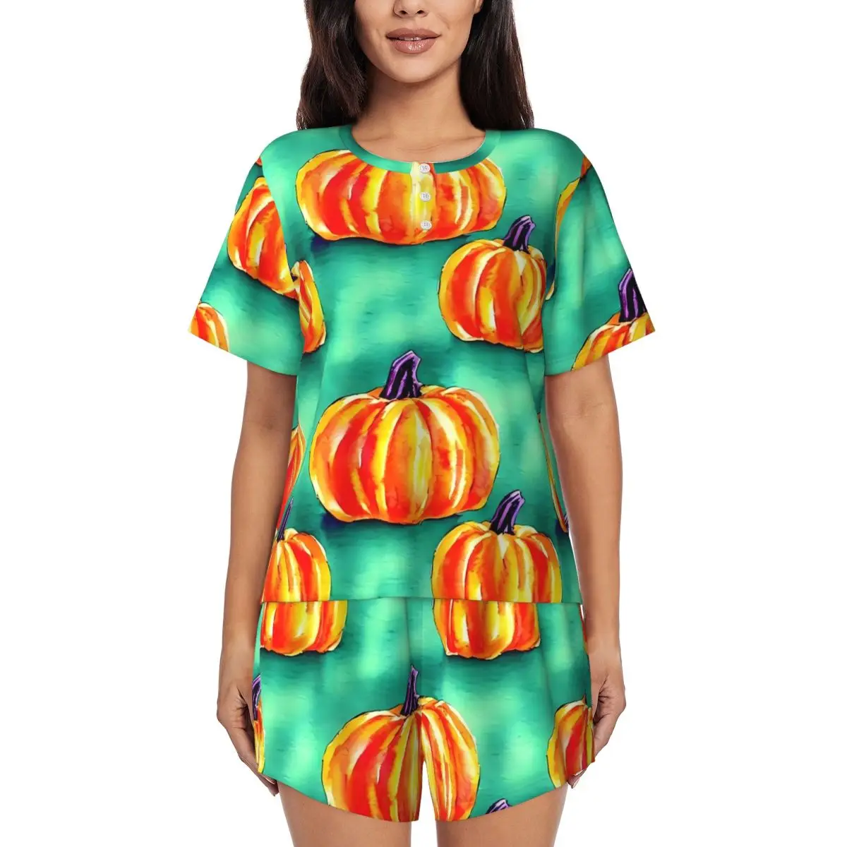 

Pumpkins Print Pajamas Summer 2 Pieces Watercolor Halloween Elegant Pajamas Set Women Short-Sleeve O Neck Home Custom Nightwear